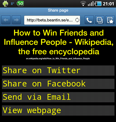 Screenshot of the share page taken on an Android tablet