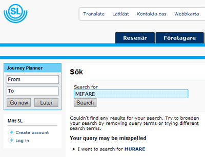 Screenshot showing no search results for MIFARE on sl.se