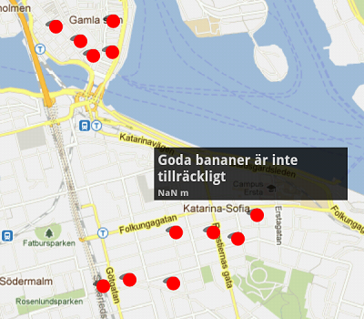 Screenshot of the in-app map showing the locations of restaurants that have been reviewed