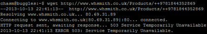 Command line screenshot confirming the 503 error response from WHSmiths website