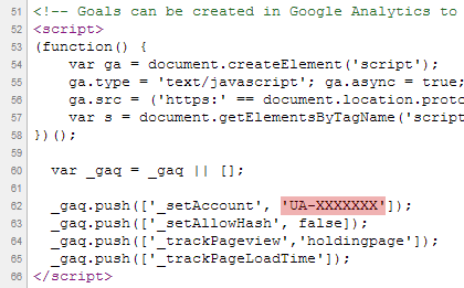 Screenshot of HTML code showing UA-XXXXXX as the Google Analytics account ID